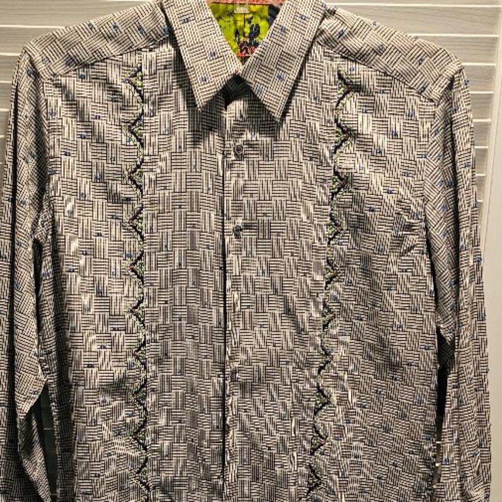 ROBERT GRAHAM Long Sleeve - Black & White Cross Hatch print - Size SMALL